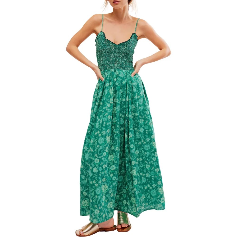 Teal Floral Maxi Free People Forest Green Dress (Spring |Summer |Wedding Guest)